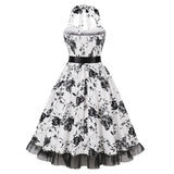 1950S White Halter Neck Butterfly Print Belted Vintage Dress