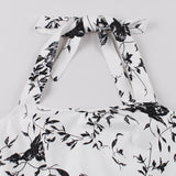 1950S White Halter Neck Butterfly Print Belted Vintage Dress