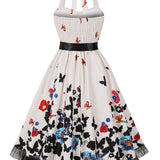1950S White Halter Neck Butterfly Print Belted Vintage Dress
