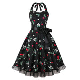 1950S White Halter Neck Butterfly Print Belted Vintage Dress