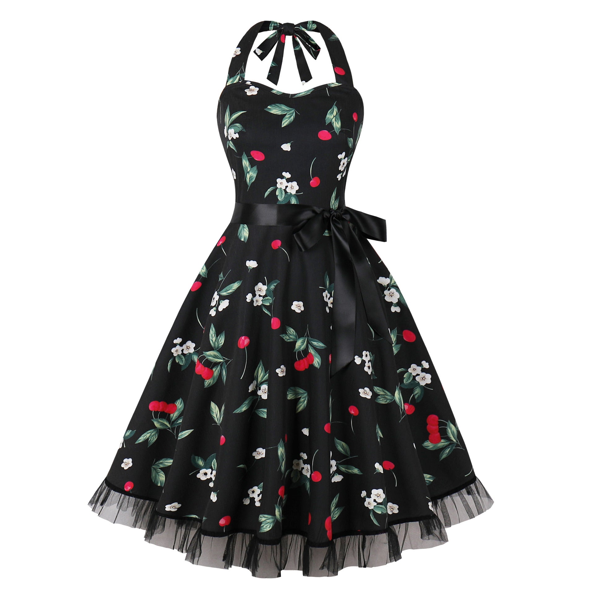 1950S White Halter Neck Butterfly Print Belted Vintage Dress