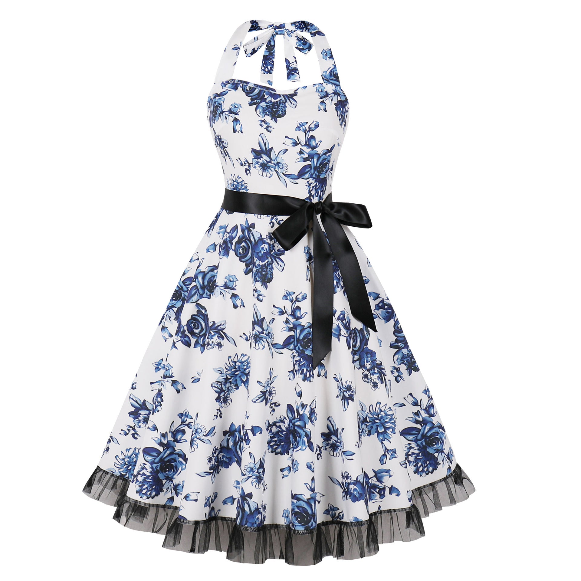 1950S White Halter Neck Butterfly Print Belted Vintage Dress