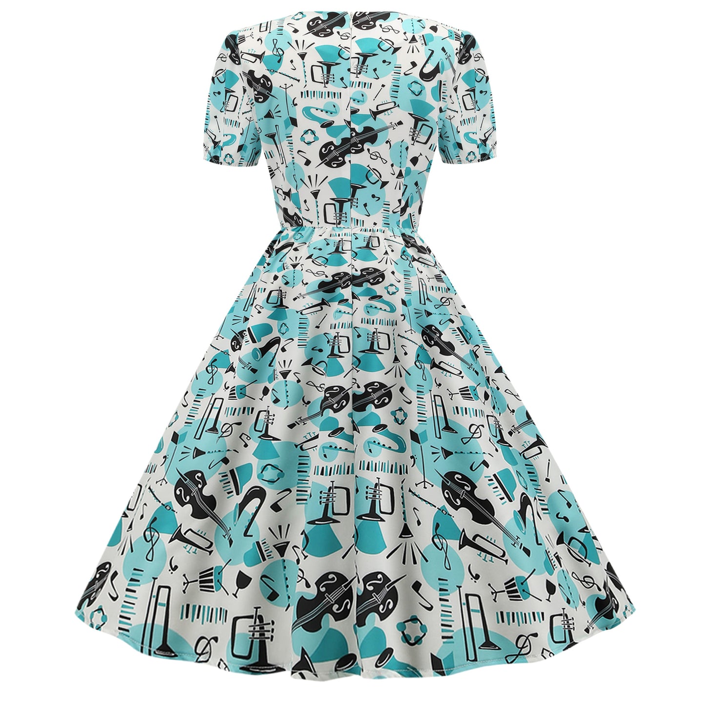 1950s White Musical Instrument Print Short Sleeve Vintage Dress