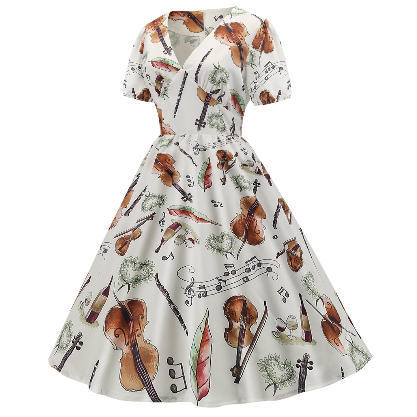1950s White Musical Instrument Print Short Sleeve Vintage Dress