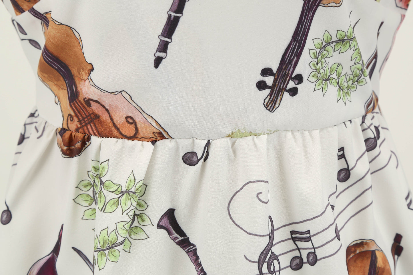 1950s White Musical Instrument Print Short Sleeve Vintage Dress