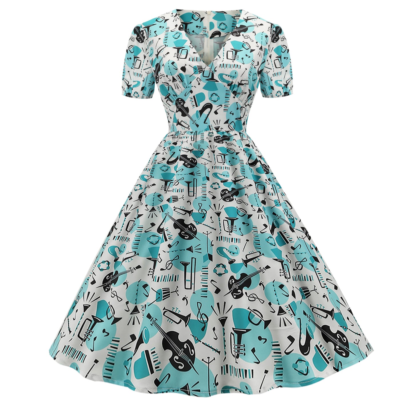 1950s White Musical Instrument Print Short Sleeve Vintage Dress