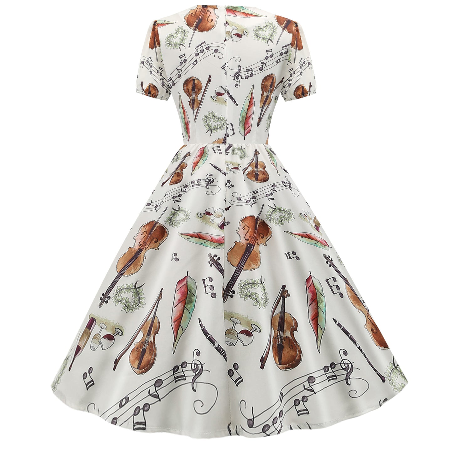 1950s White Musical Instrument Print Short Sleeve Vintage Dress