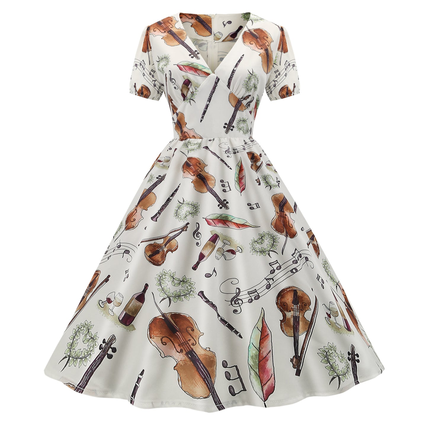 1950s White Musical Instrument Print Short Sleeve Vintage Dress