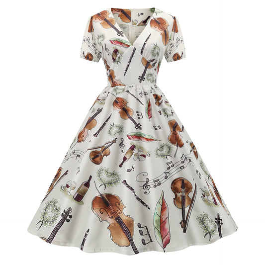 1950s White Musical Instrument Print Short Sleeve Vintage Dress