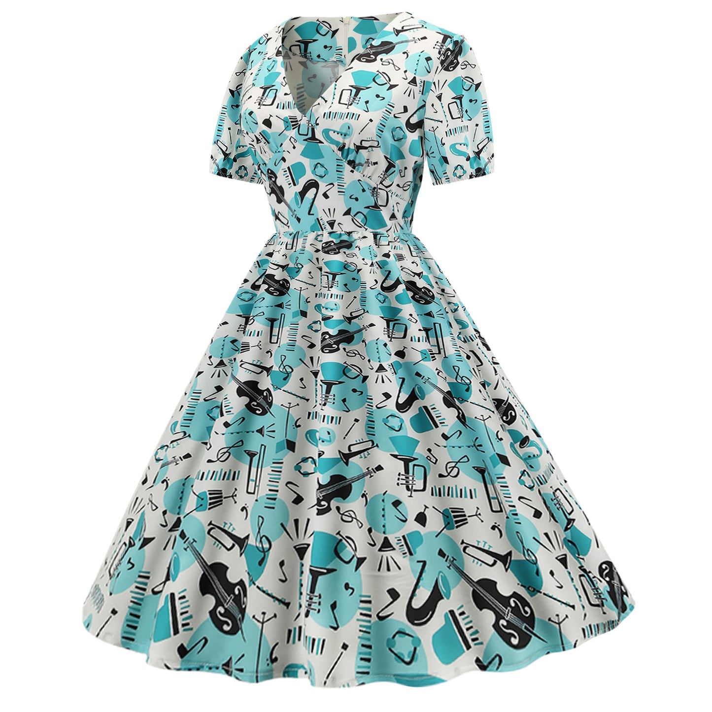 1950s White Musical Instrument Print Short Sleeve Vintage Dress