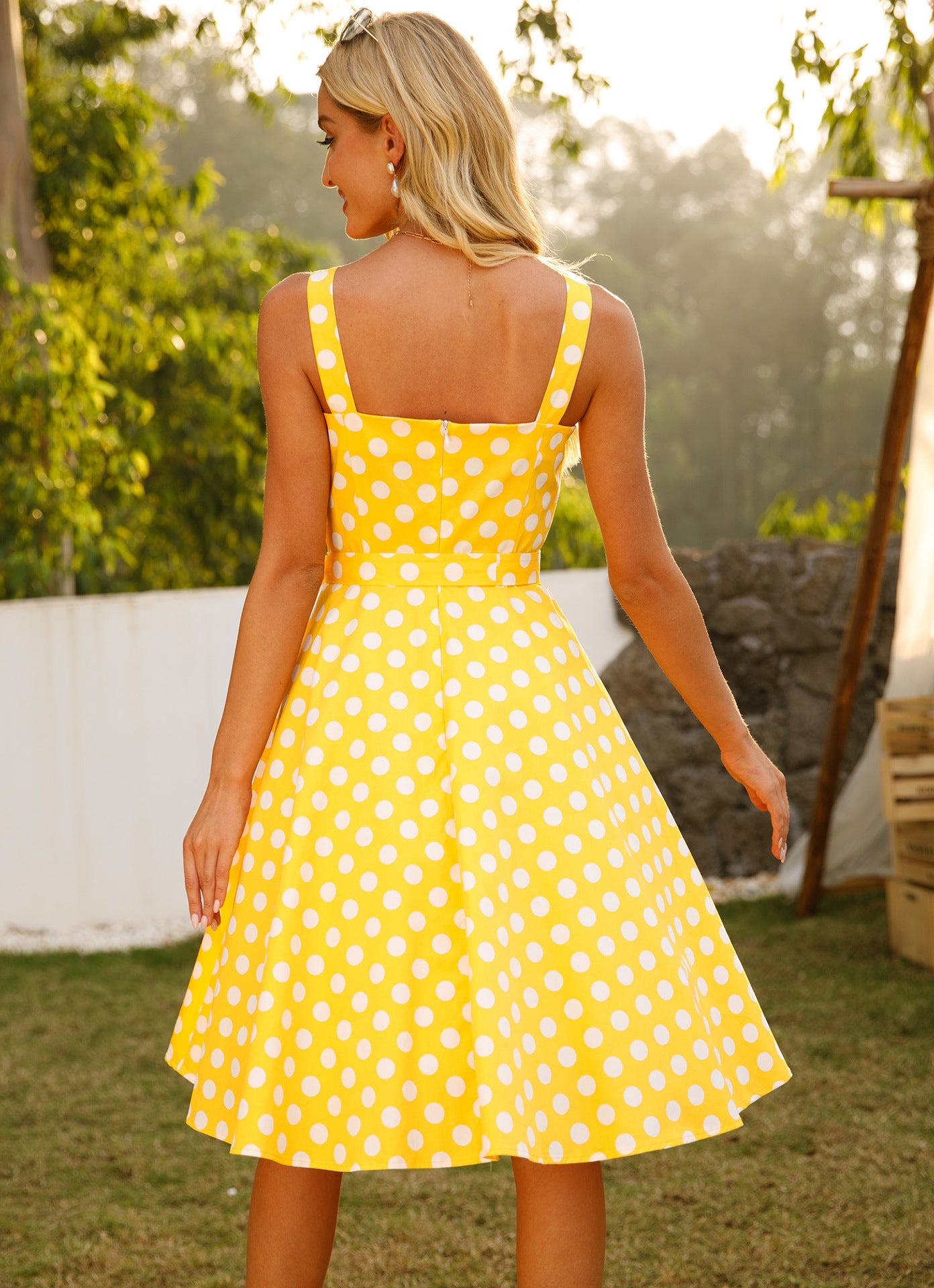 1950S Yellow Polka Dot Spaghetti Strap Belted Vintage Dress RosyQueen 1950S Yellow Polka Dot Spaghetti Strap Belted Vintage Dress RosyQueen