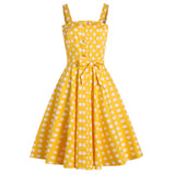 1950S Yellow Polka Dot Spaghetti Strap Belted Vintage Dress