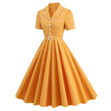 1950S Yellow Retro Belted Short Sleeve Vintage Dress