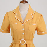1950S Yellow Retro Belted Short Sleeve Vintage Dress