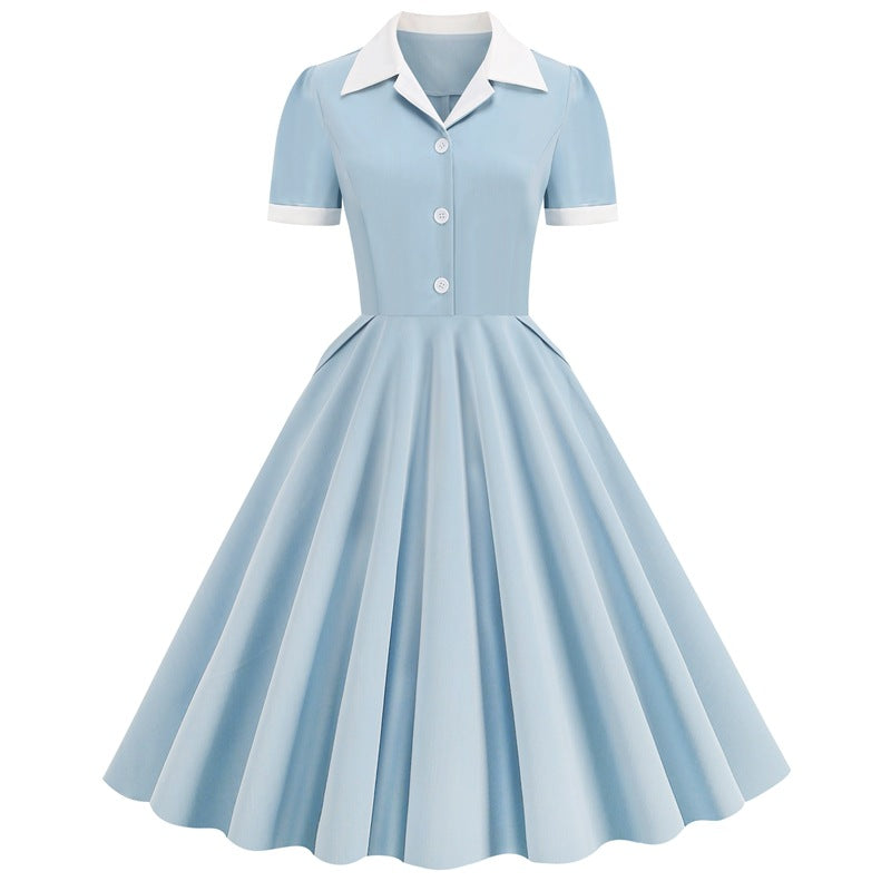1950S Yellow Retro Button-Up Short Sleeve Vintage Dress with White Collar and Cuffs
