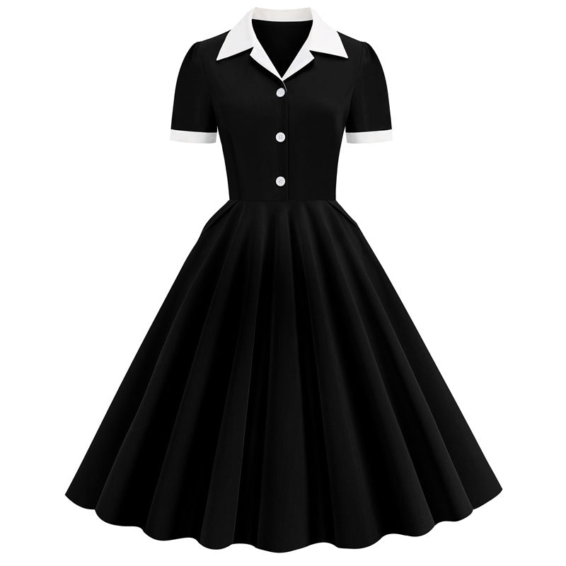 1950S Yellow Retro Button-Up Short Sleeve Vintage Dress with White Collar and Cuffs
