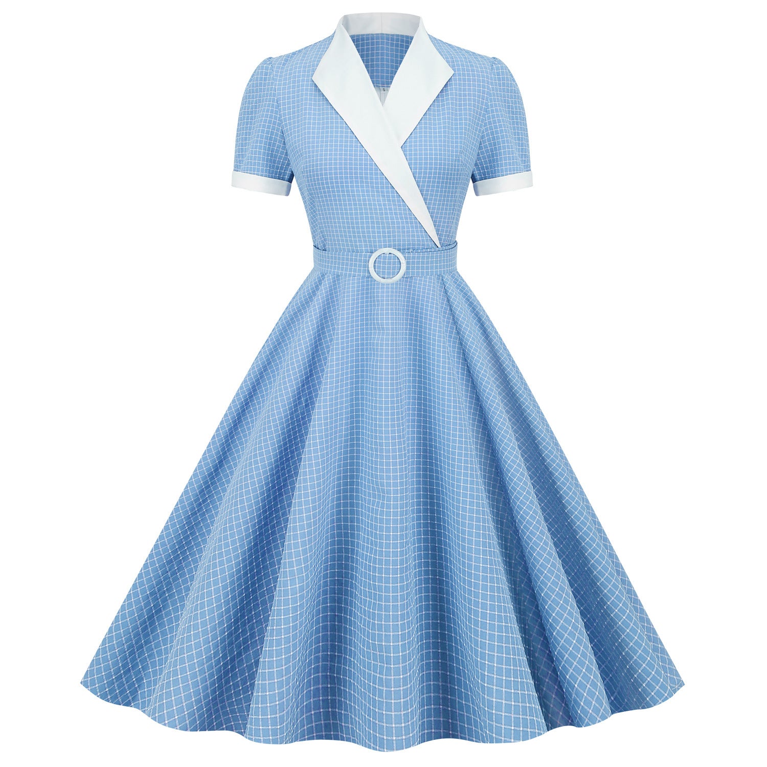1950S Yellow Retro Patchwork Belted Short Sleeve Vintage Dress
