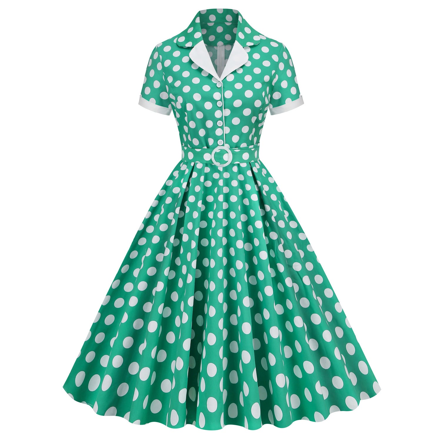 1950S Yellow Retro Polka Dot Belted Short Sleeve Vintage Dress