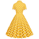 1950S Yellow Retro Polka Dot Belted Short Sleeve Vintage Dress
