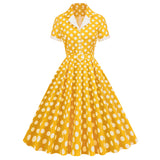 1950S Yellow Retro Polka Dot Belted Short Sleeve Vintage Dress