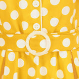 1950S Yellow Retro Polka Dot Belted Short Sleeve Vintage Dress