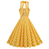 1950S Yellow Retro Polka Dot Halter Belted Vintage Dress