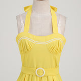1950S Yellow Retro Polka Dot Halter Belted Vintage Dress