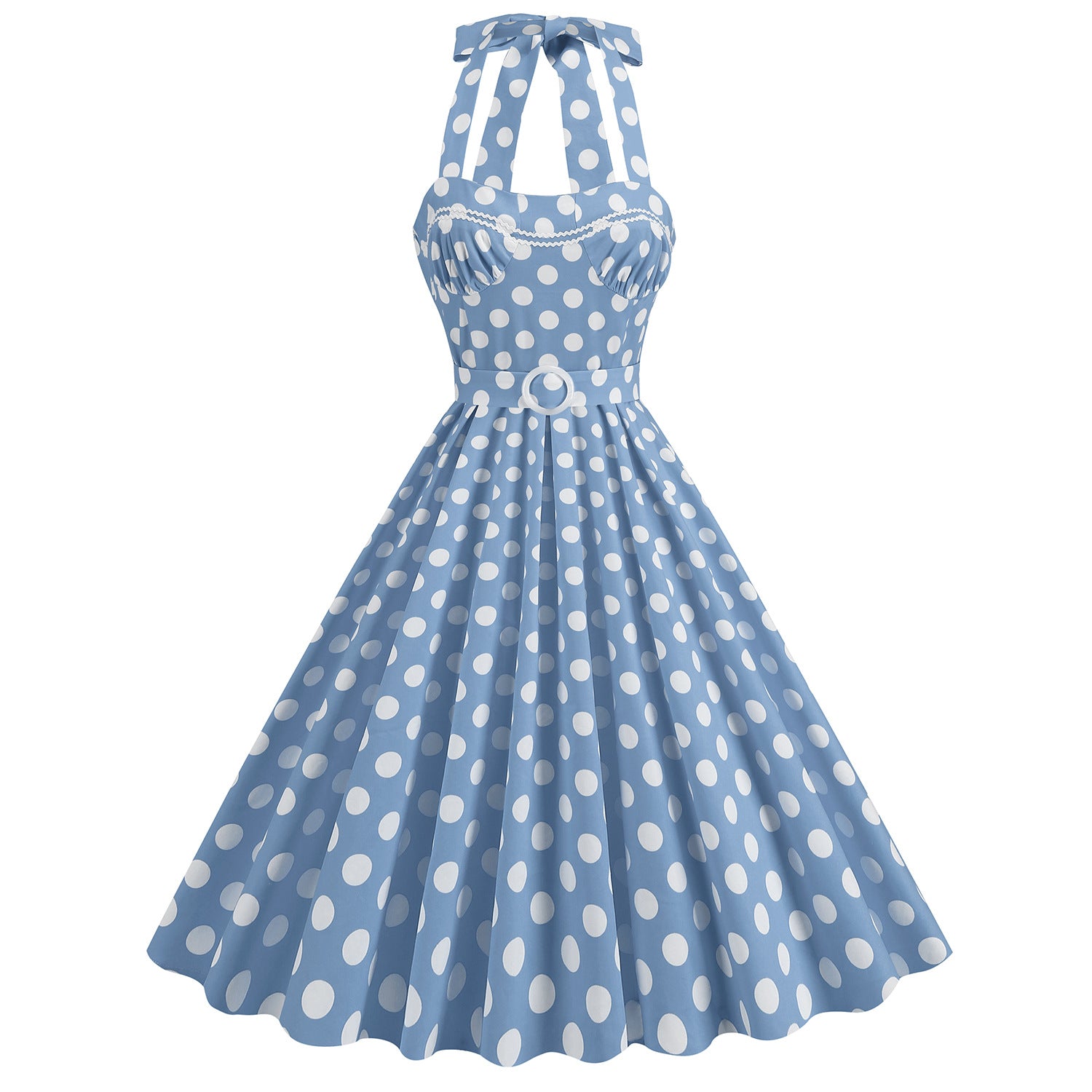 1950S Yellow Retro Polka Dot Halter Belted Vintage Dress