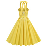 1950S Yellow Retro Polka Dot Halter Belted Vintage Dress