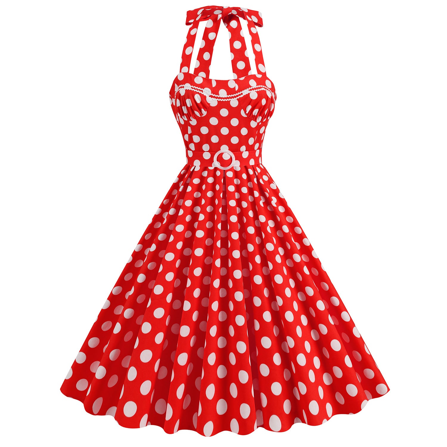 1950S Yellow Retro Polka Dot Halter Belted Vintage Dress