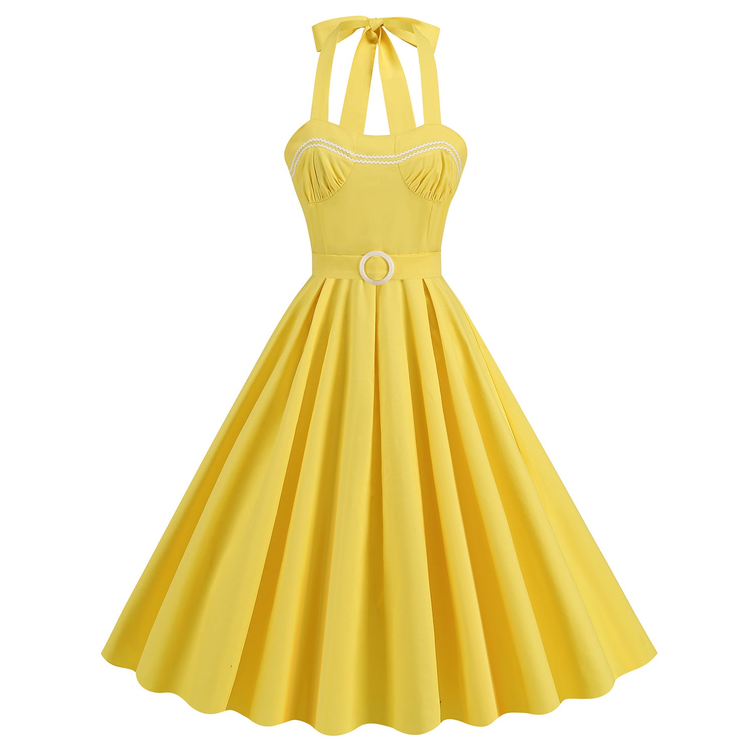 1950S Yellow Retro Polka Dot Halter Belted Vintage Dress