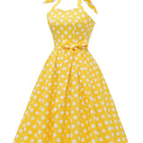 1950S Yellow Retro Polka Dot Halter Neck Belted Vintage Dress