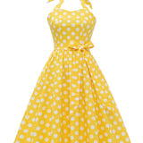 1950S Yellow Retro Polka Dot Halter Neck Belted Vintage Dress
