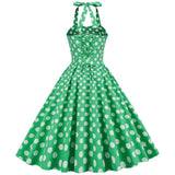 1950S Yellow Retro Polka Dot Halter Neck Belted Vintage Dress