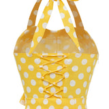 1950S Yellow Retro Polka Dot Halter Neck Belted Vintage Dress