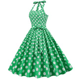 1950S Yellow Retro Polka Dot Halter Neck Belted Vintage Dress