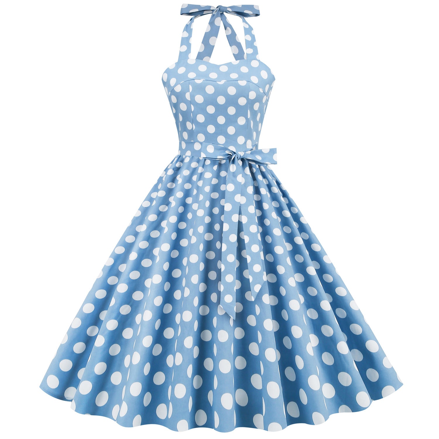 1950S Yellow Retro Polka Dot Halter Neck Belted Vintage Dress