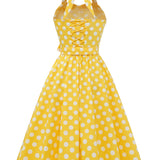 1950S Yellow Retro Polka Dot Halter Neck Belted Vintage Dress