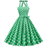 1950S Yellow Retro Polka Dot Halter Neck Belted Vintage Dress