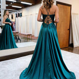 A-line Spaghetti Straps Corset Back Prom Dress With Split