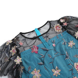 1950S Teal Floral Embroidered Lace Overlay Short Sleeve Vintage Swing Dress