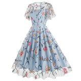 1950S Teal Floral Embroidered Lace Overlay Short Sleeve Vintage Swing Dress