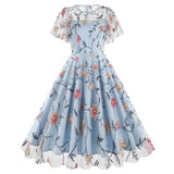1950S Teal Floral Embroidered Lace Overlay Short Sleeve Vintage Swing Dress