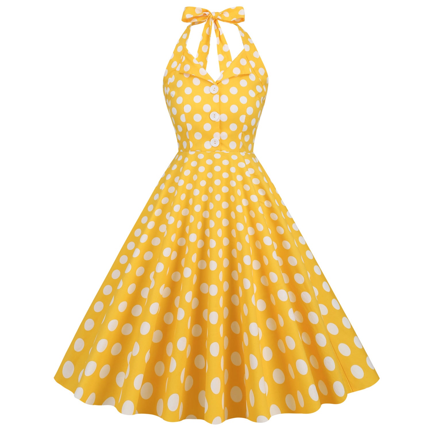 1950S Green Retro Polka Dot Halter Belted Sleeveless Vintage Dress