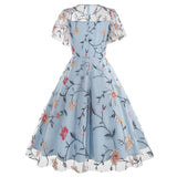 1950S Teal Floral Embroidered Lace Overlay Short Sleeve Vintage Swing Dress