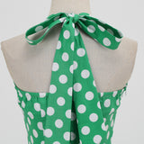 1950S Green Retro Polka Dot Halter Belted Sleeveless Vintage Dress