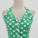 1950S Green Retro Polka Dot Halter Belted Sleeveless Vintage Dress