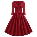 1950S Deep Green 3/4 Sleeve V-Neck Vintage Swing Dress