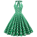 1950S Green Retro Polka Dot Halter Belted Sleeveless Vintage Dress
