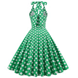 1950S Green Retro Polka Dot Halter Belted Sleeveless Vintage Dress